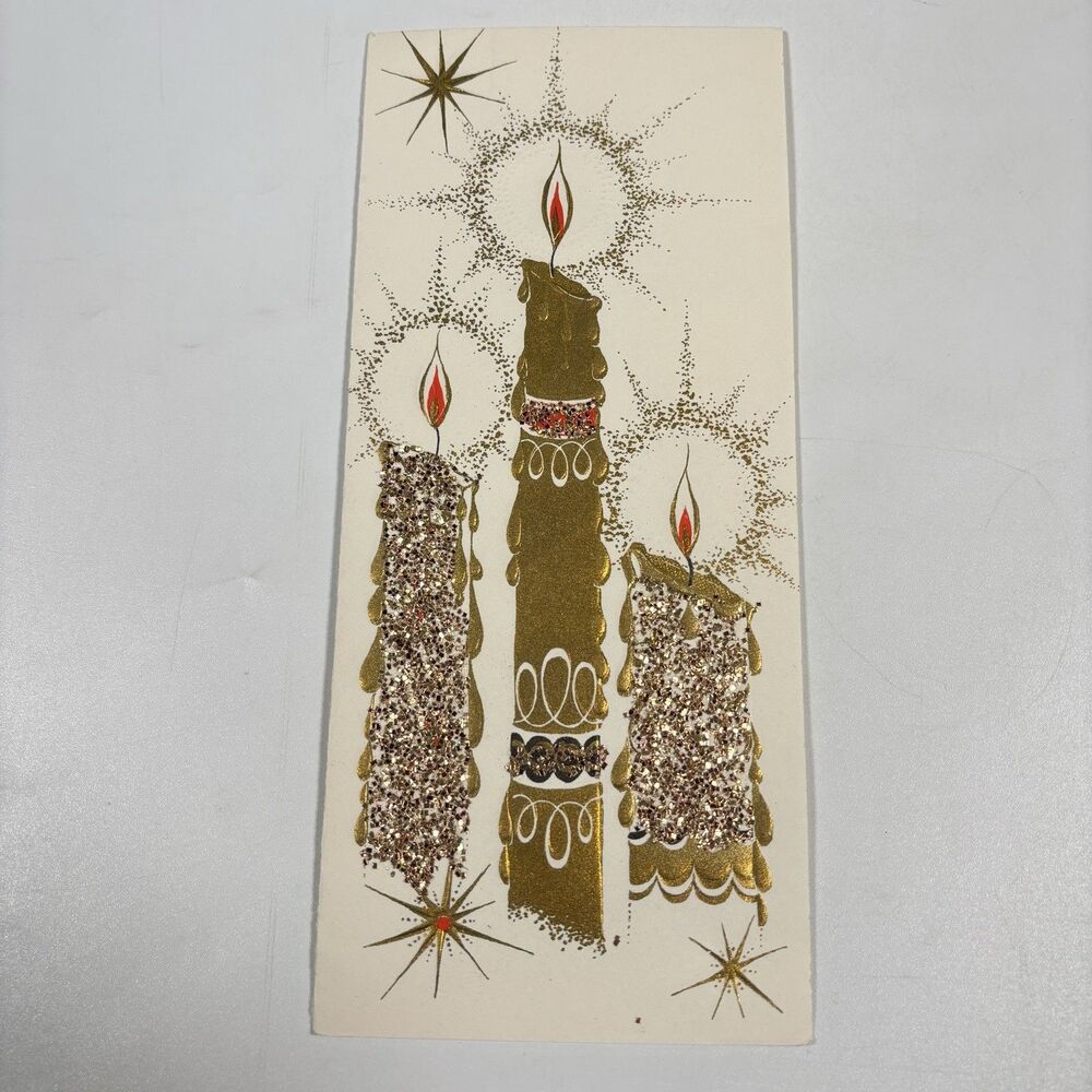 Embossed Glitter Gold Foil Candle Christmas Card Atomic Starburst Mid Century